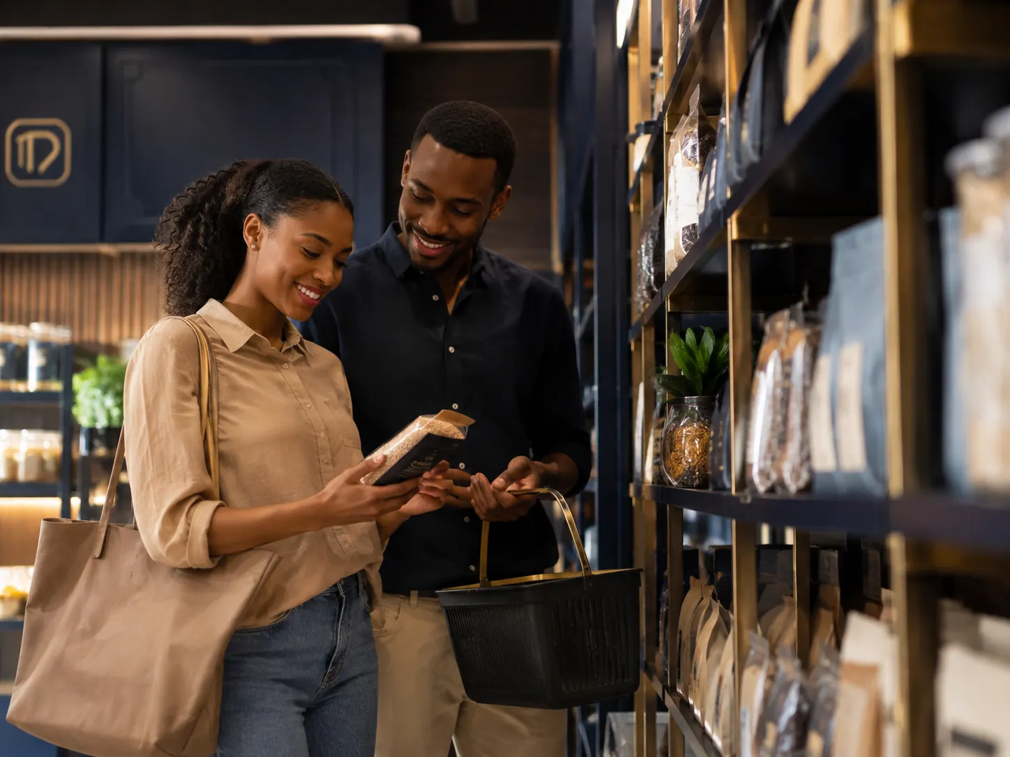 Customers reviewing a product in a modern store