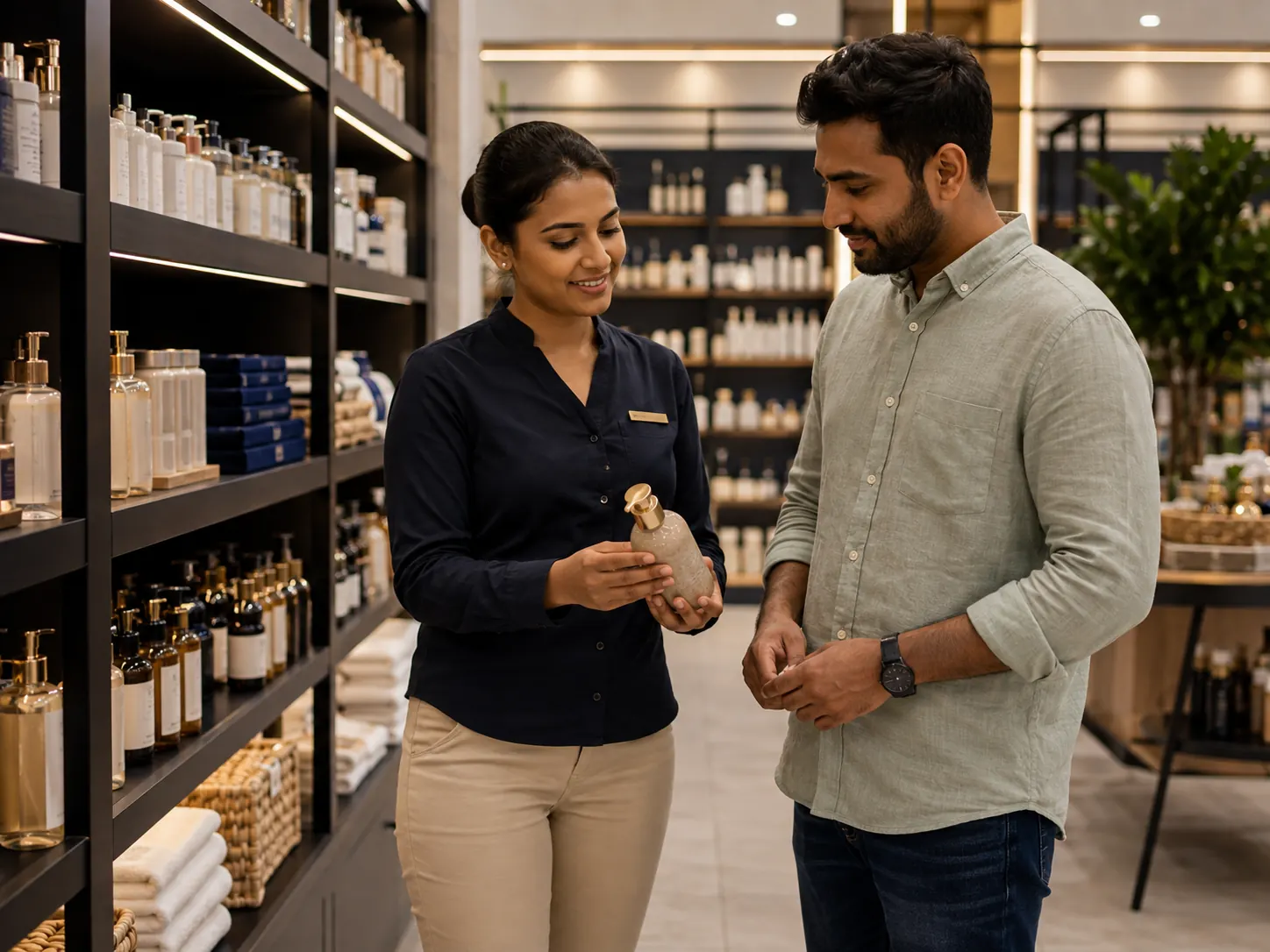 Pakistani retail employee assisting a customer in a modern store