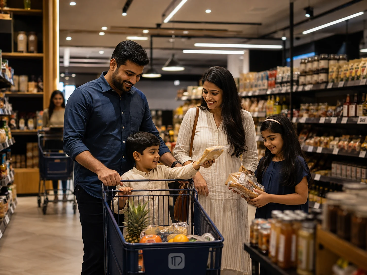 Pakistani family shopping for household essentials in a modern retail store
