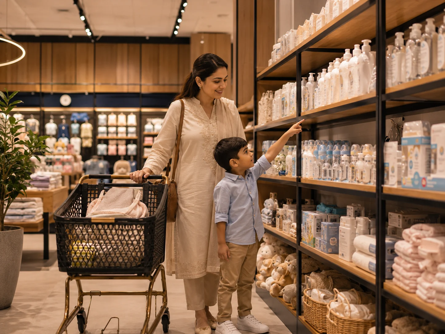 Pakistani mother and child shopping in a premium baby essentials store
