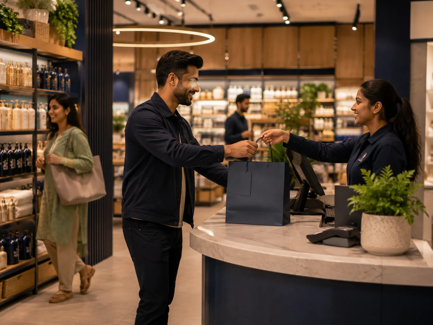 Friendly checkout exchange in a modern Pakistani retail store