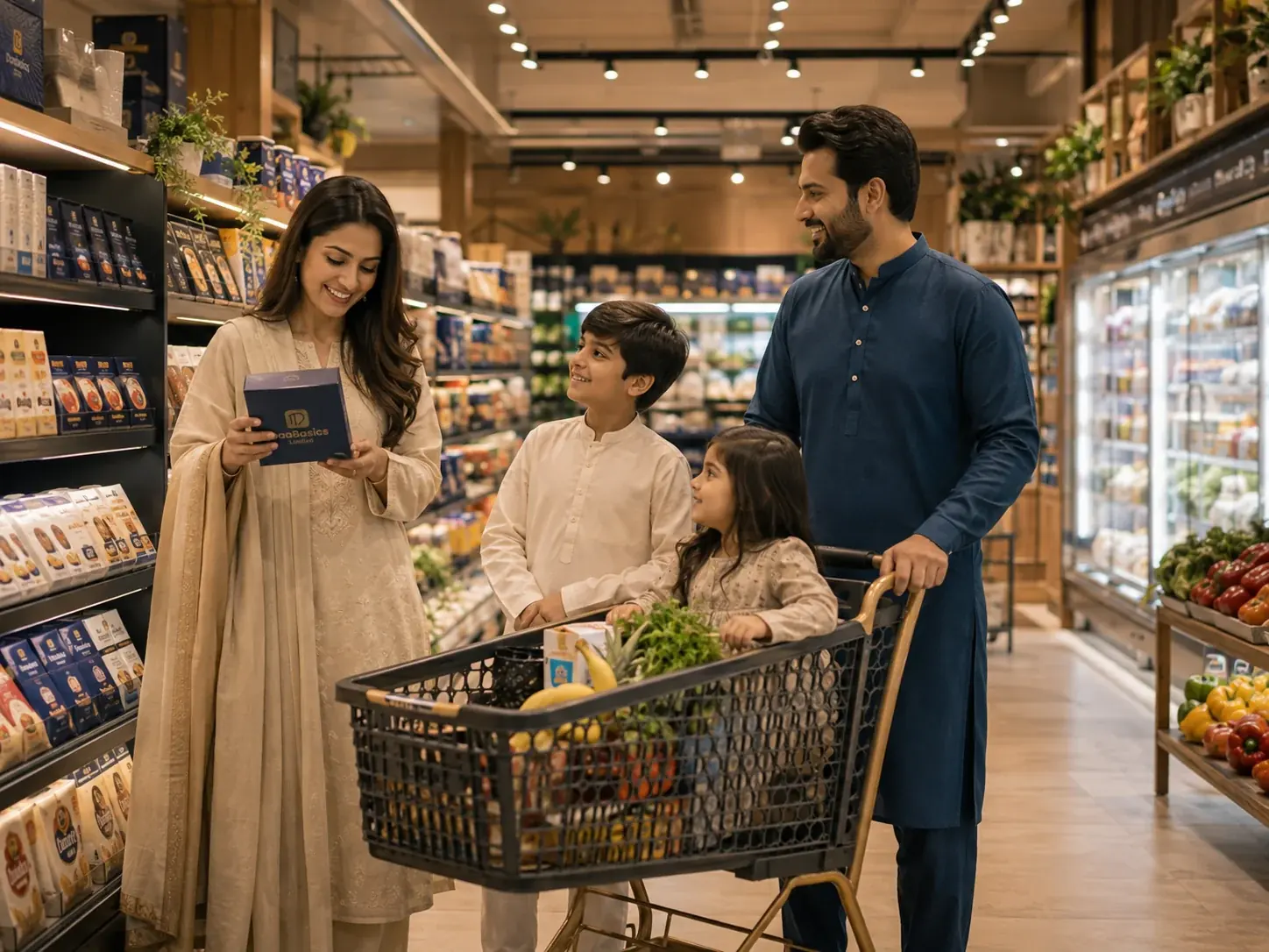 Pakistani family shopping inside a modern grocery store