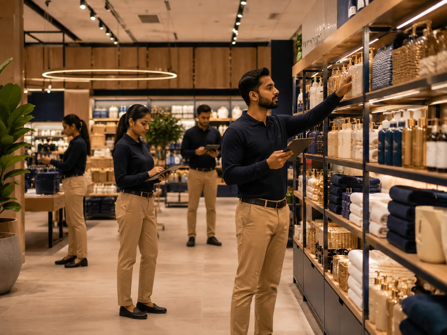 Pakistani retail team stocking shelves in a modern store