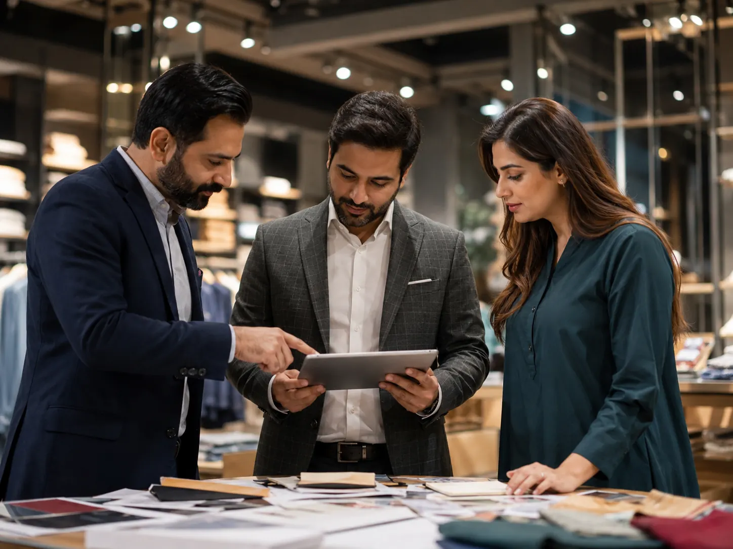 Pakistani business partners discussing retail collaboration