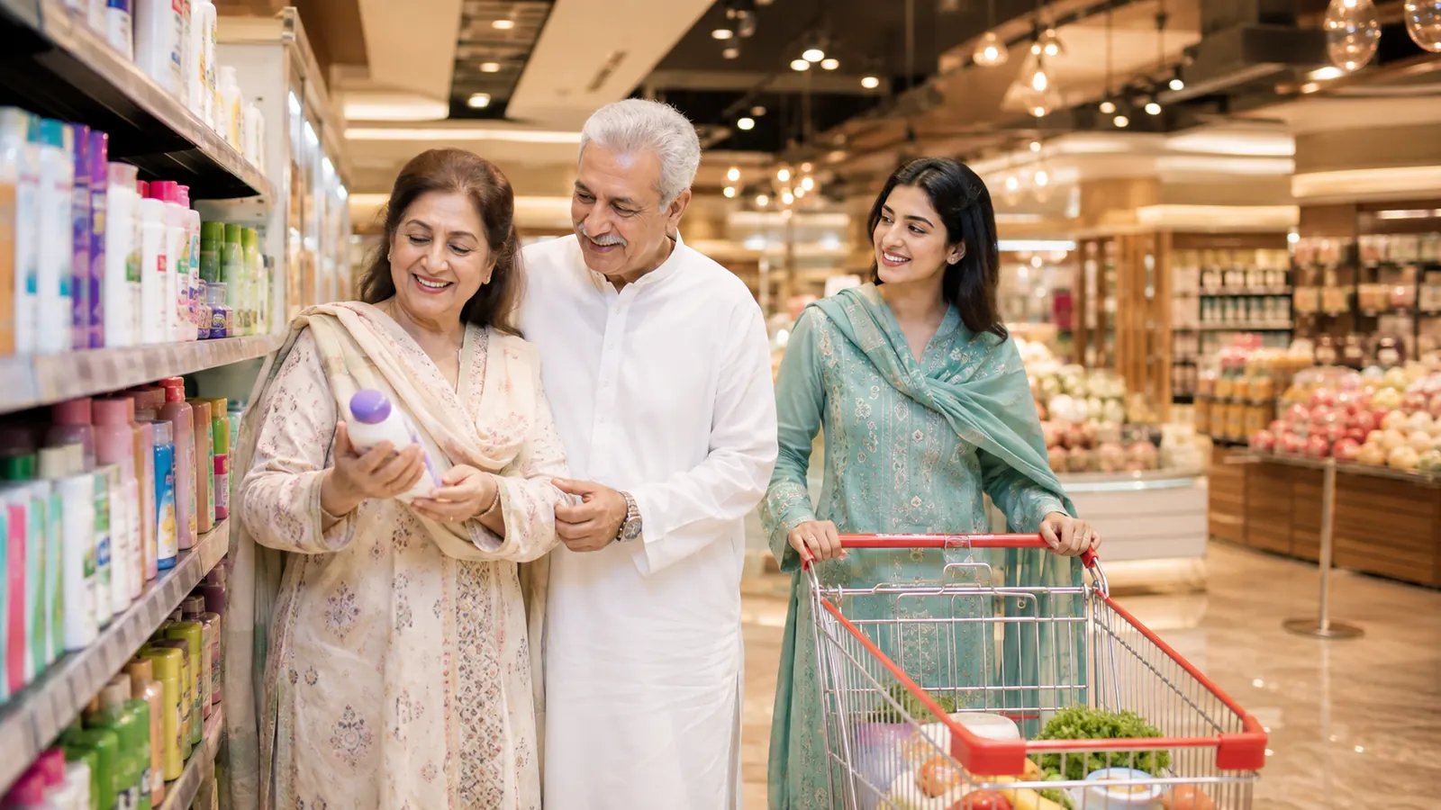 Pakistani family shopping in a modern supermarket