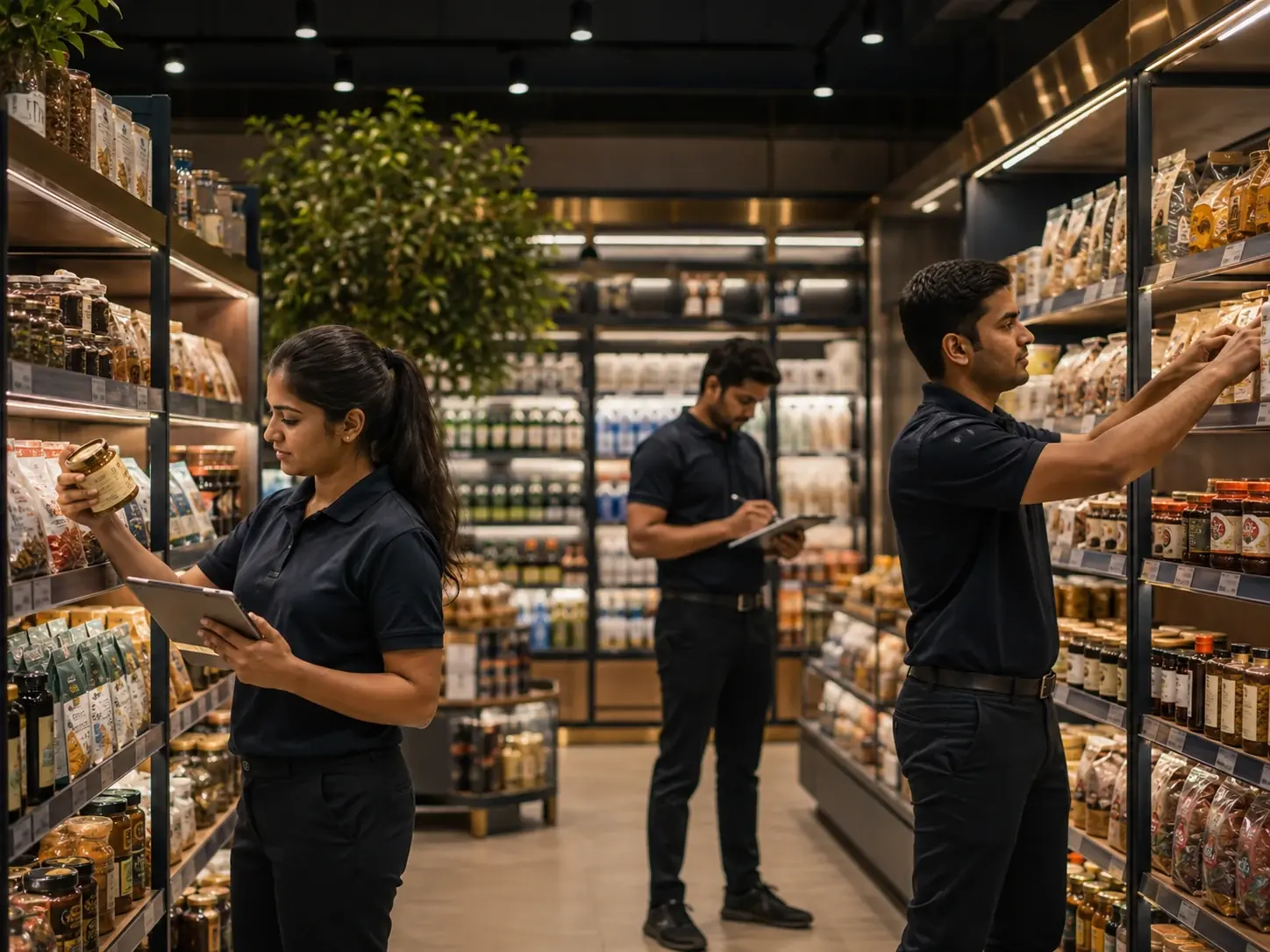 Retail team checking stock and product standards in a premium supermarket aisle