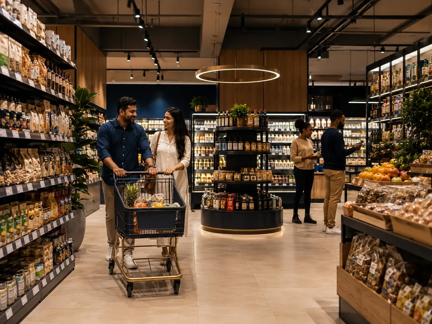 Two professionals in a retail aisle representing conversation, partnership and planning