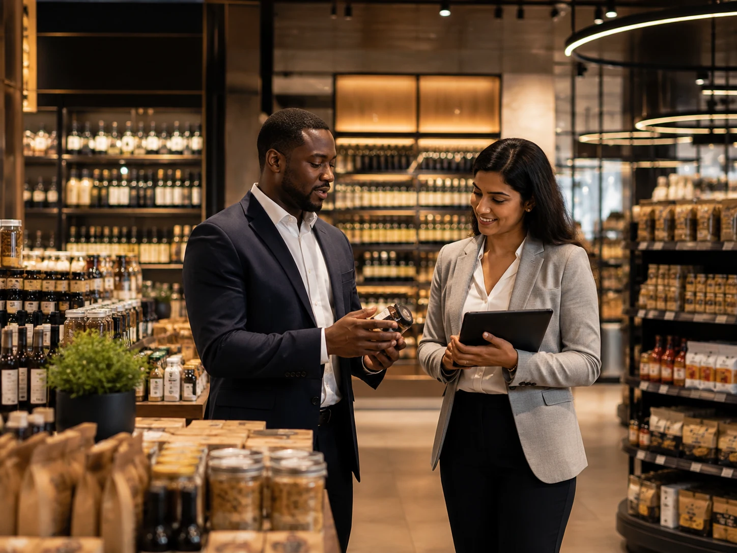 Professionals discussing a product in a modern DaaBasics-inspired retail environment
